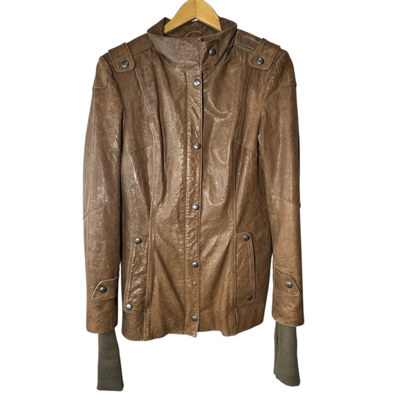Danier Jackets & Blazers - Y2K Danier Brown Leather Utility Jacket Snap Front Stand Collar Size Small